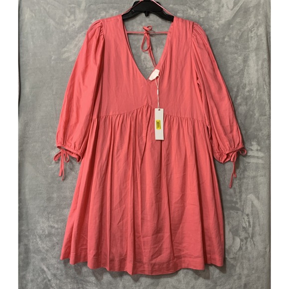 Every Dresses & Skirts - Every‎ Dress Womens Medium Pink Linen Rayon Tie Back Puff Sleeve Boho Babydoll